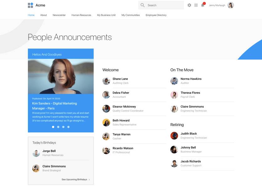 People Announcements - LumApps Intranet