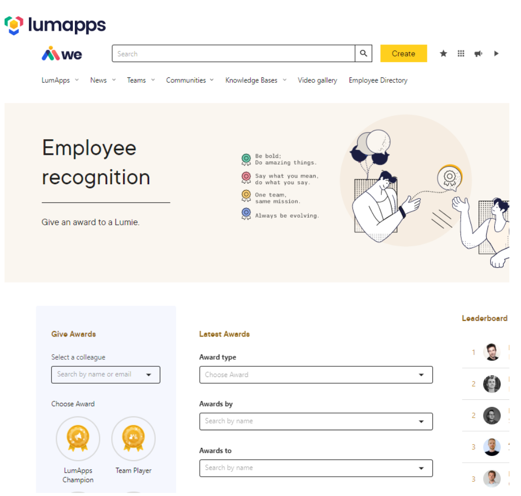 example of an employee recognition board in LumApps intranet