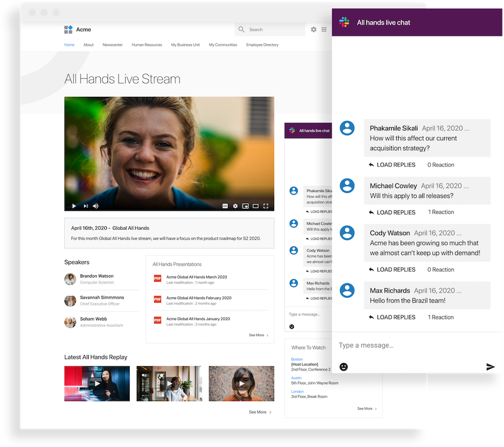Slack integration in LumApps intranet for an all-hands meeting 